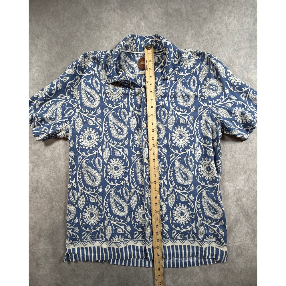Common People Mens XL Cabra Shirt Linen Blend Blue Paisley Camp Collar - Picture 6 of 9